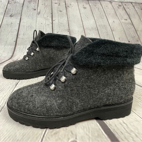 BETTYE MULLER gray felt wool & faux fur trim lace up ankle boots NWOT, size 7 - Picture 9 of 11